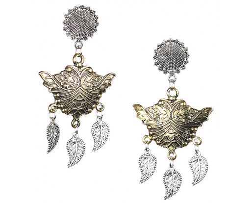 LEAVES - DUAL TONE - Silver & Golden Oxidized Earrings Jhumka Jhumki Bali Imitation Indian Bollywood Ethnic Wedding Jewelry H49